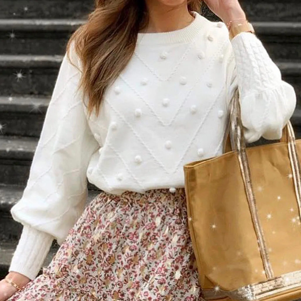 Однотонный женский свитер зимний теплый пуловер с круглым вырезом вязаный