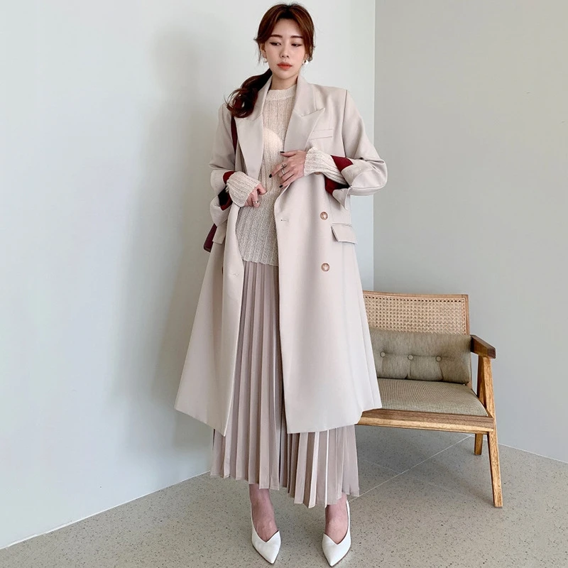 

Lady Office Double Breasted Women Long Blazer Notched Collar Spring Jackets Autumn Female Outerwear Elegant Coat