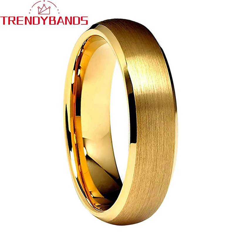 

6mm Tungsten Rings for Men Women Wedding Band Domed Beveled Edges Brushed Finish Gold