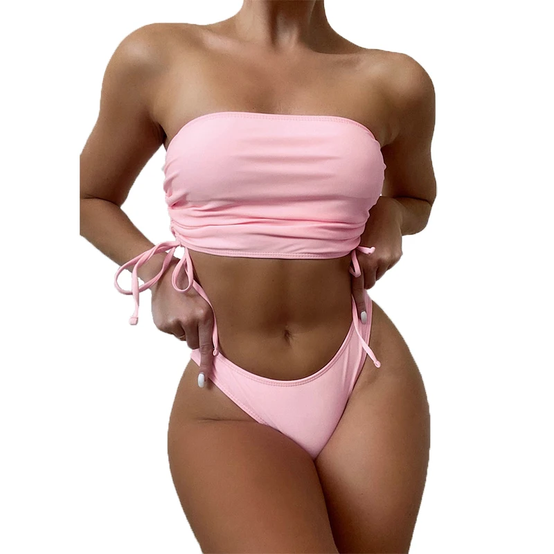 

QINJOYER Bandeau Bikini Women Solid Strapless Swimsuit Biquini Women Brazilian Swimwear Sexy Thong Bikini Set Women Bathing Suit