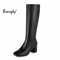 brangdy fashion knee high boots women winter boots chunky low heel long boots square toe zipper autumn female boots black white