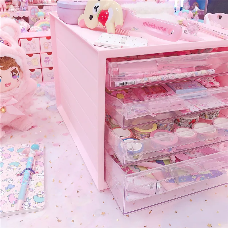 

Pink Cute Storage Cabinet Household Durable Plastic Multifunction Dustproof Desktop Drawer Object Storage Box