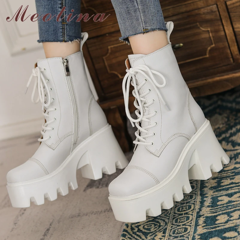 

Meotina Real Leather Motorcycle Boots Shoes Women Platform Thick Heel Med Calf Boots High Heel Square Toe Zipper Boots Autumn