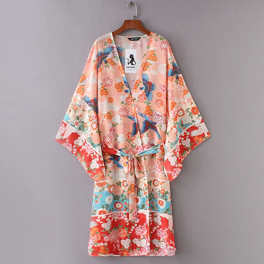 Летняя женская шифоновая блузка с цветочным принтом кимоно поясом Пляжная