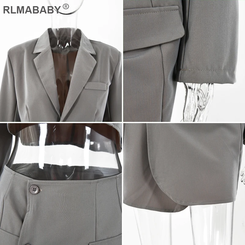 

2021 Spring Summer Blazer Skirt Suit Casual Notched Long Sleeve High Waist Pockets Button 2 Piece Set Women Office Lady Suits