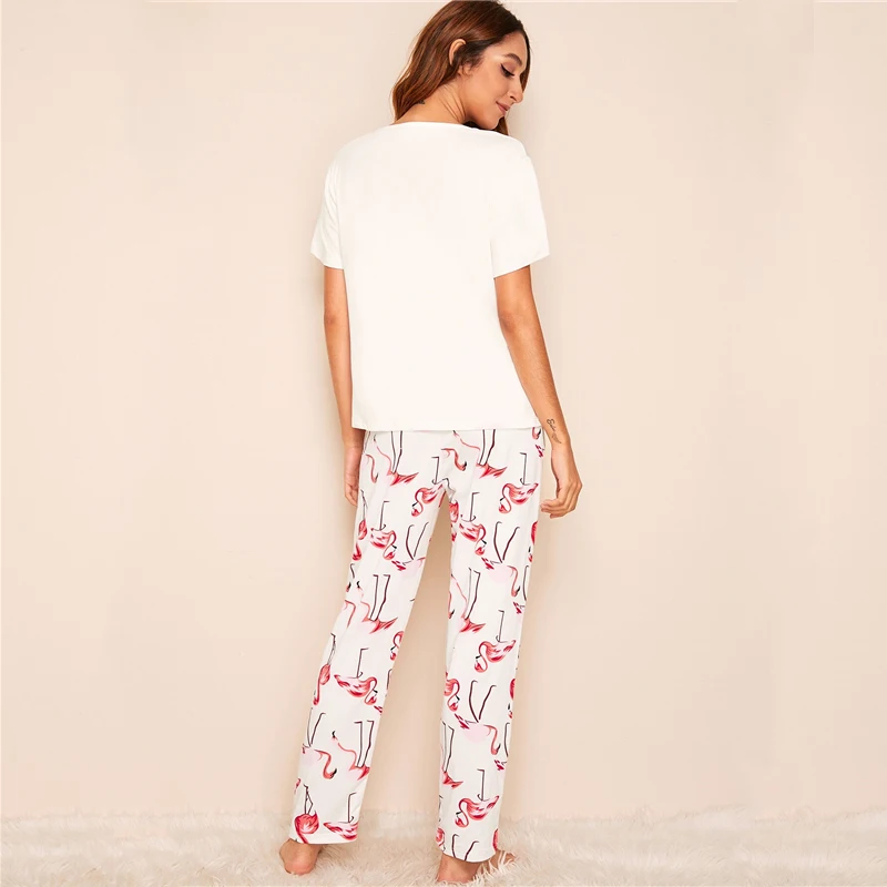 Dotfashion пижамный комплект с принтом животных фламинго летний Повседневный Топ с короткими рукавами, пижамный комплект, женская одежда для отдыха с принтом животных