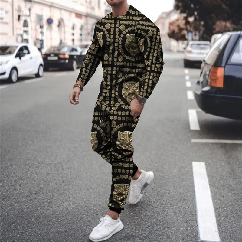

Men's New Retro Ethnic Street Style Print Autumn Fashion Digital Printing Casual Sports Round Neck Sweatshirt+Sports Pants Set