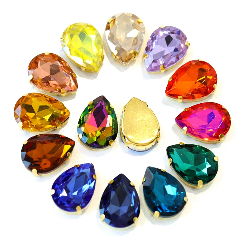 Стеклянные стразы разных цветов для шитья с золотыми когтями пришивания