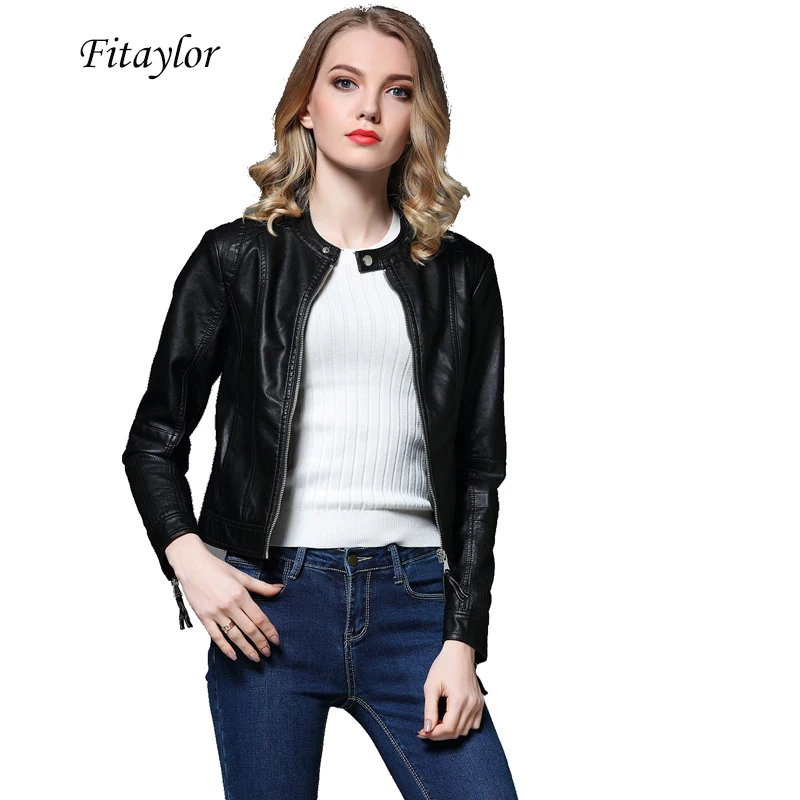 Женская Байкерская кожаная куртка Fitaylor короткая приталенная байкерская из