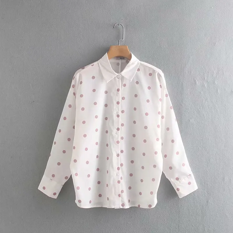 Женская свободная рубашка в горошек с отложным воротником и длинным