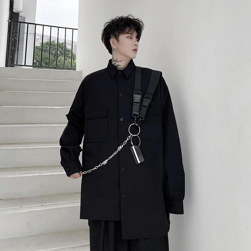 

M-XLAutumn dark ins tide brand functional wind tooling shirt male long-sleeved loose personality bandage hip-hop shirt tide.