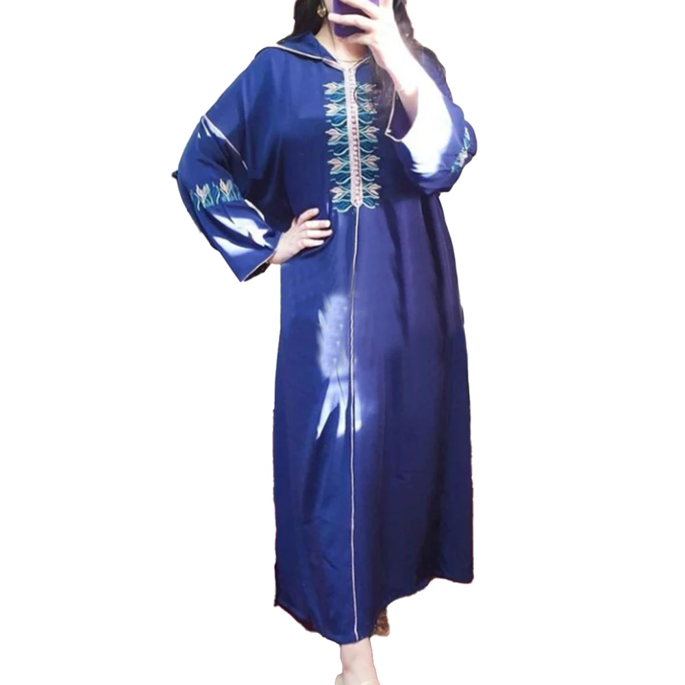 

2021 Summer New Fashion Muslim Solid Color Oversize African Embroidery With Hood Women's Dress Loose Casual Long Sleeve