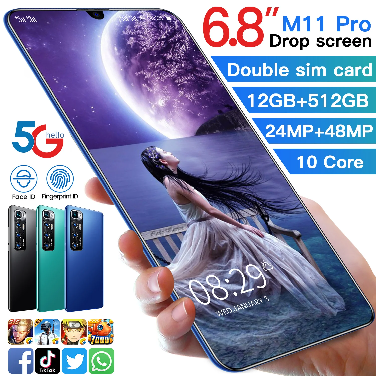 

Newest Smartphones M11 Pro Cellphones 6.8 Inches 12GB 512GB 5000mAh Android 10.0 4G 5G GPS Wifi Face Unlock Global Version Phone