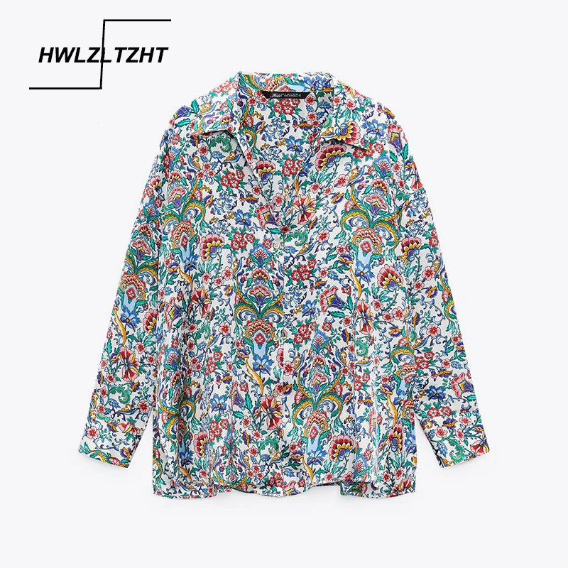 

HWLZLTZHT Women Shirts Floral Top Female Summer 2021 Oversized Button Up Shirt Woman Vintage Long Sleeve Collared Shirt Women