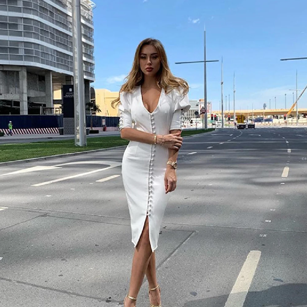 

Платье женское кружевное с пышными рукавами, пикантное однотонное облегающее белое средней длины, с глубоким V-образным вырезом, на пуговиц...