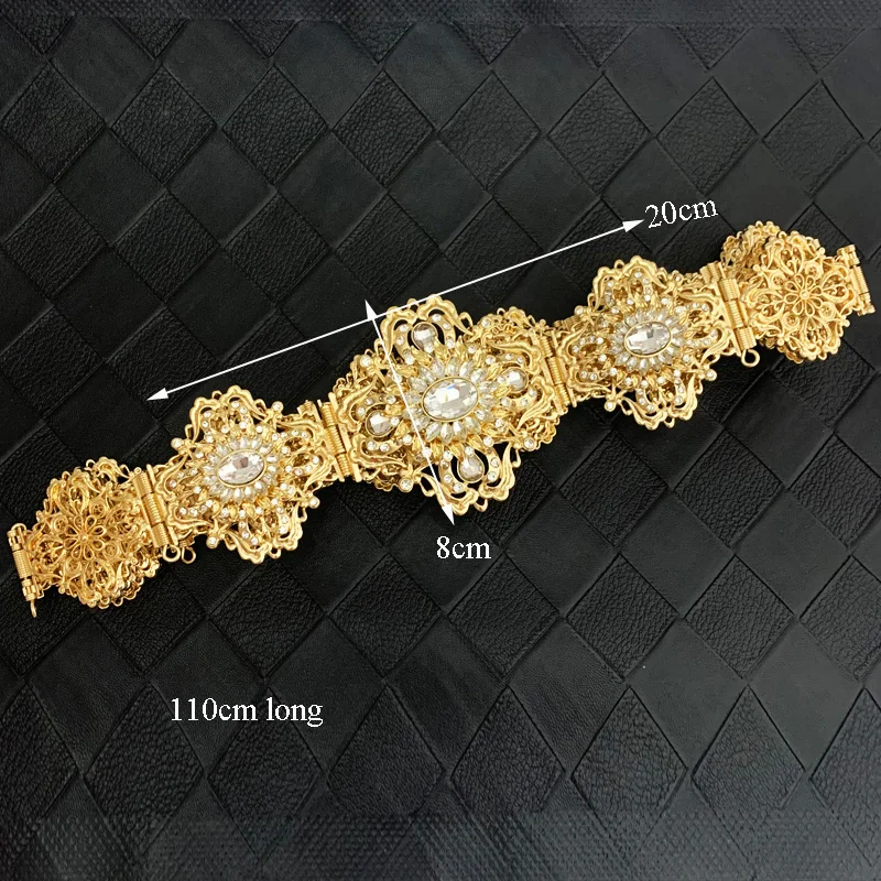 

RLOPYA Morocco Fashion Waist Belt with Colorfull Rhinestones Long Chain Gold Belt for Women Arabic Wedding Dress Belts
