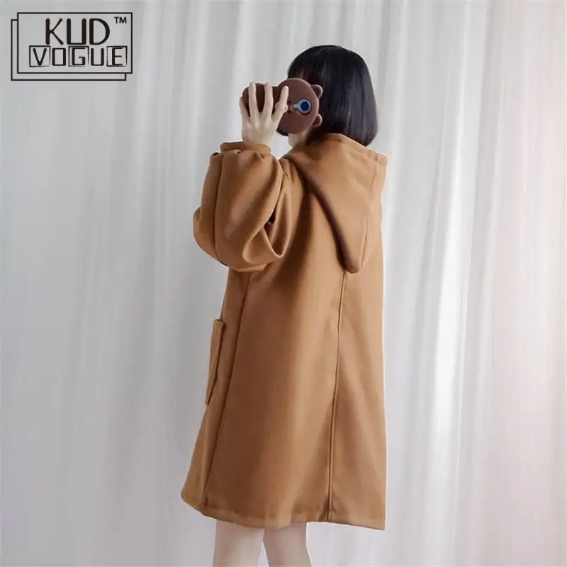 Japenese Style Students Winter Soft Cute Little Devil Lantern Sleeves Horn Buckle Loose Coat Girls Woolen Purple Brown Coat