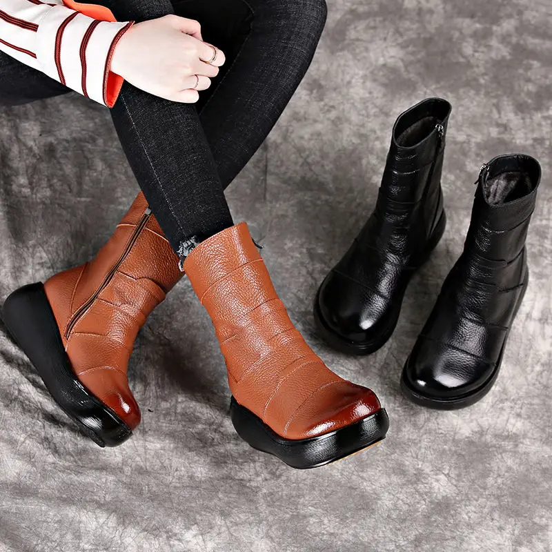 

YAERNI Genuine Leather Flat Platform Half Boots Women Shoes 2019 Winter Round Toe Vintage Platform Mid-Calf Boots Woman Zipper