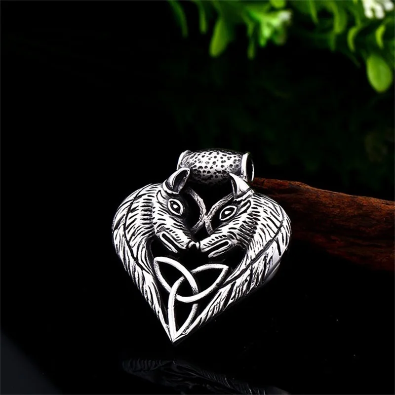 

Viking Love Wolf Pendant Necklace Stainless Steel Odin Triangle Rune Double Wolf Pendant Necklace Viking Jewelry