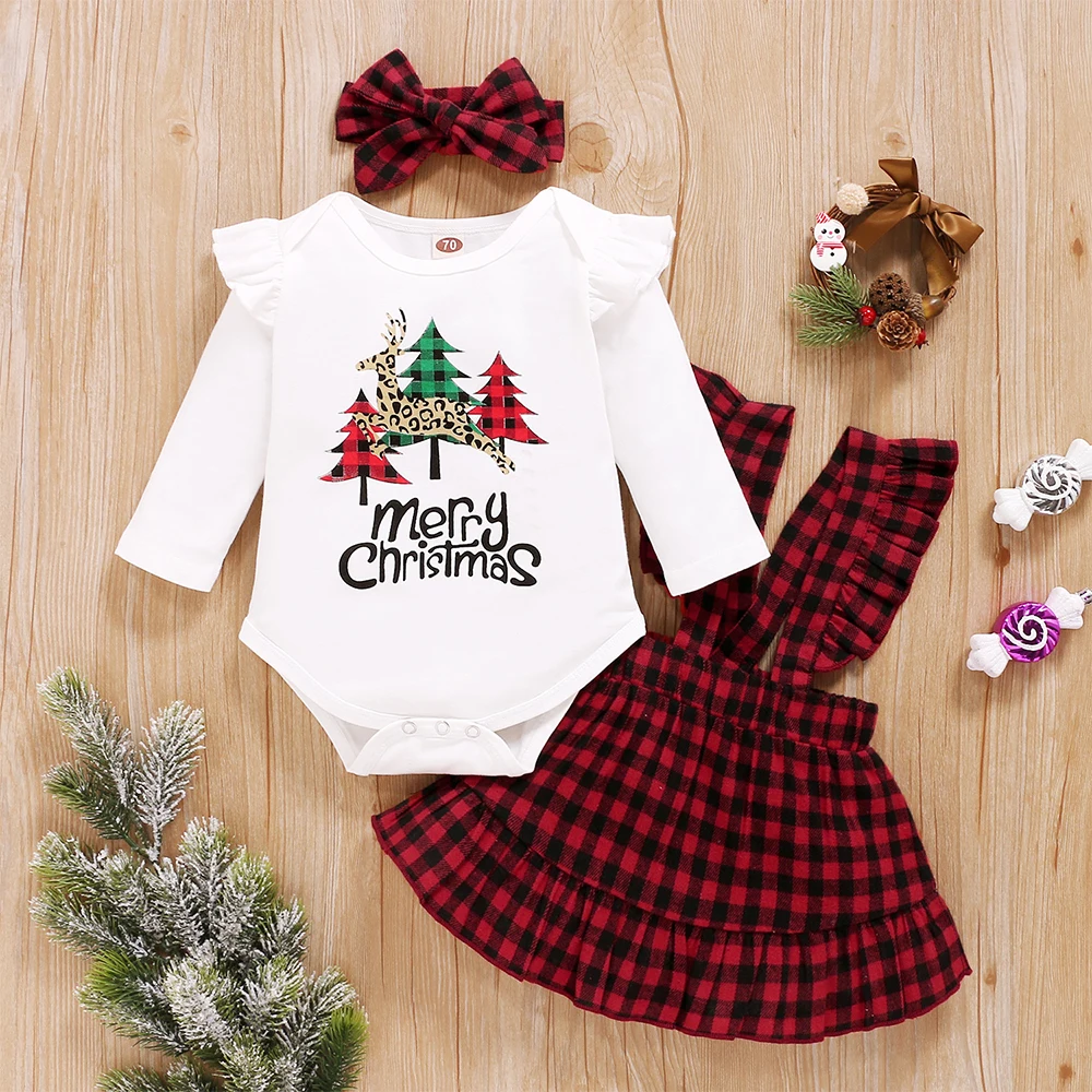

0-12M Happy 2022 New Year Costume Baby Christmas Outfit Xmas Tree Plaid Dress My First Christmas Baby Girl Clothes Set