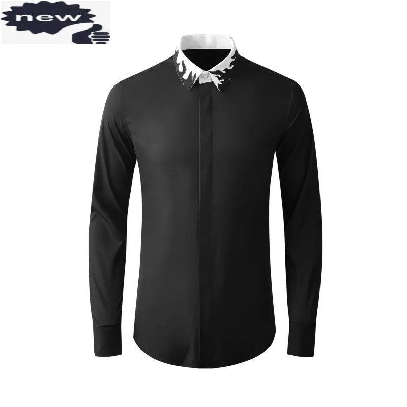 Spring Autumn Mens High Quality Slim Fit Dress Shirt Classic Black White Tops Office Work Man Embroidery Collar Formal Shirts