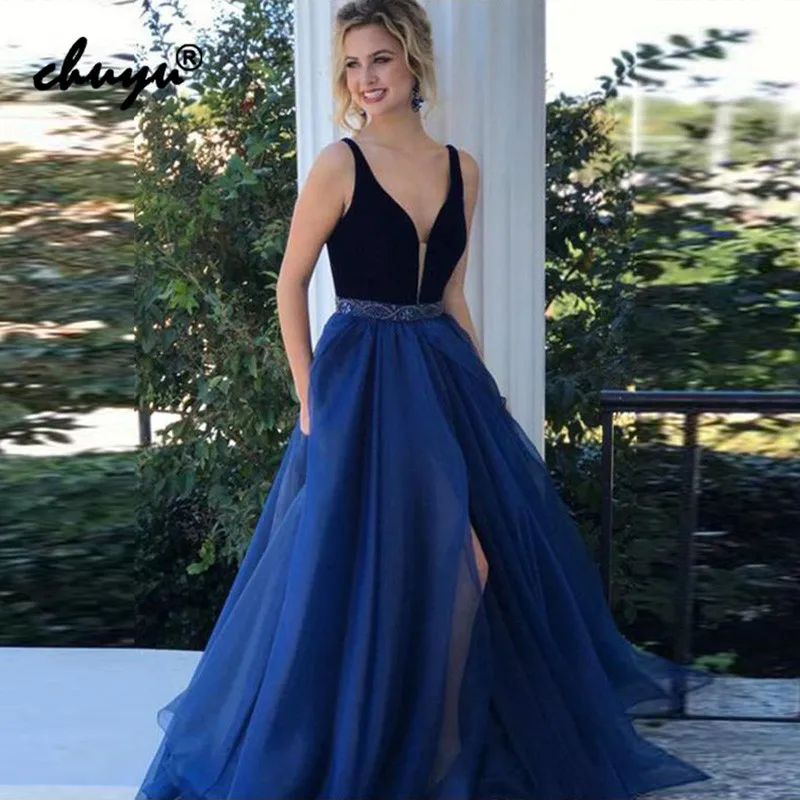 

Royal Blue Muslim Evening Dress V-Neck Tulle Bead Belt Slit vestido de festa Islamic Dubai Saudi Arabic Evening Gown Prom Dress