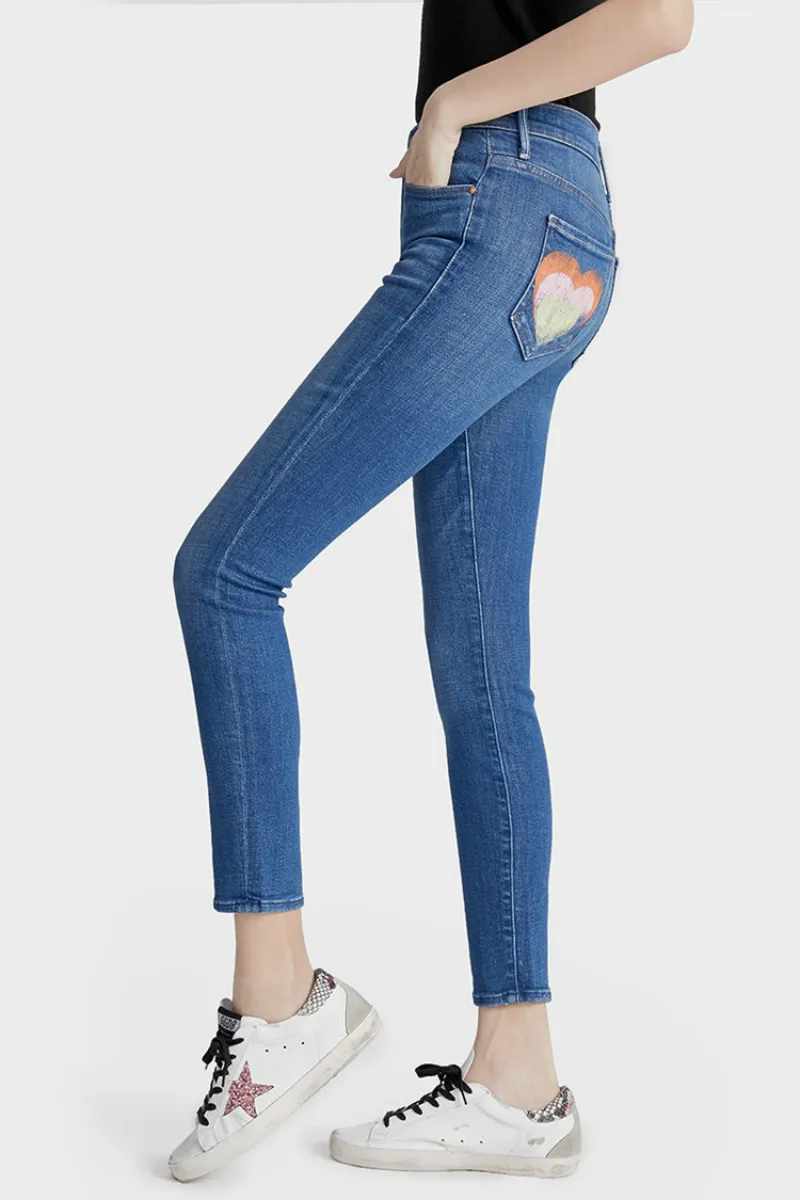 2020 Classic Trendy Design Autumn Fashion Girl Sweet Blue Black High Waist Perforated Tassel Love Tight Little Leg Jeans Woman