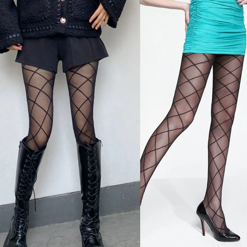 

85WB Black Stocking Diamond Rhombus Stockings Pantyhose Sexy Sheer Plaid Tights
