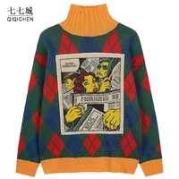 harajuku knitted turtleneck sweaters men women oversize argyle hiphop tops cartoon appliques casual fashion streetwear pullovers