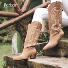 Женские ковбойские ботинки Perixir, с острым носком, замшевые кожаные ботинки с тиснением, толстая подошва до середины икры, сапоги на платформе