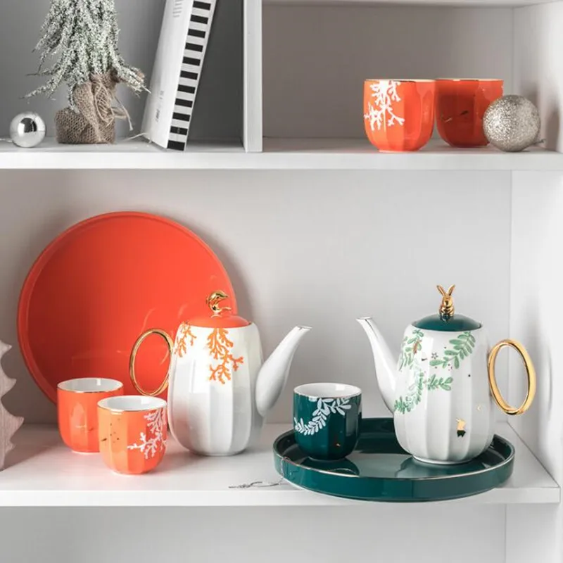 Nordic Gilt Edge Ceramic Drinking Ware Kettle Tea Set Teapot Cup Household Living Room Teaware With Porcelain Tray | Дом и сад