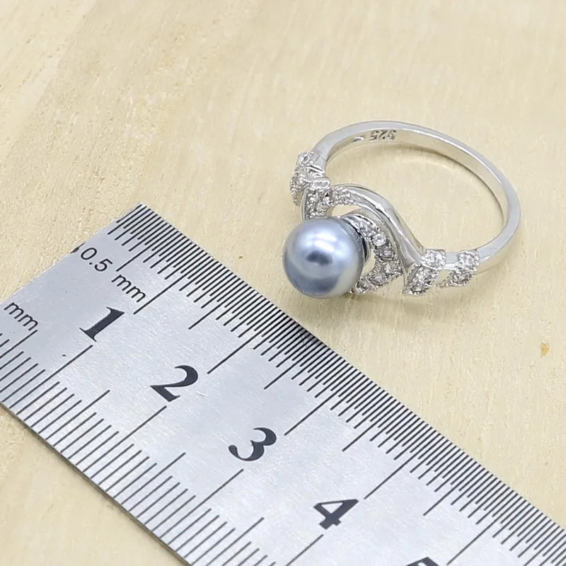 Серый Цвет жемчужно-белый циркон набор украшений из серебра 925-й пробы для Для женщин серьга, ожерелье, подвеска кольцо подарок для свадьбы дня рождения