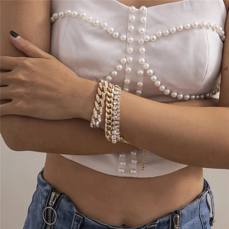 

4Pcs/Set Adjustable Iced Out Rhinestone Curb Cuban Chain Bracelet Bangle for Women Boho Lock Bling Thick Charm Bracelets Jewelry