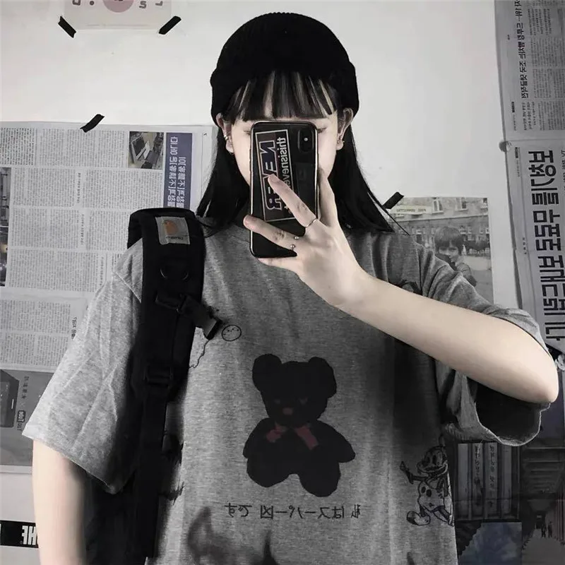Japan Gray Tshirt Streetwear Loose Summer T Shirt Women Harajuku Punk Short Sleeves T-shirts Tops Tee Hip Hop Loose Tshirt Girls