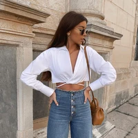 2021 surplice cropped shirt women with ties long sleeves casual fashion chic lady high fashion blouses women tops