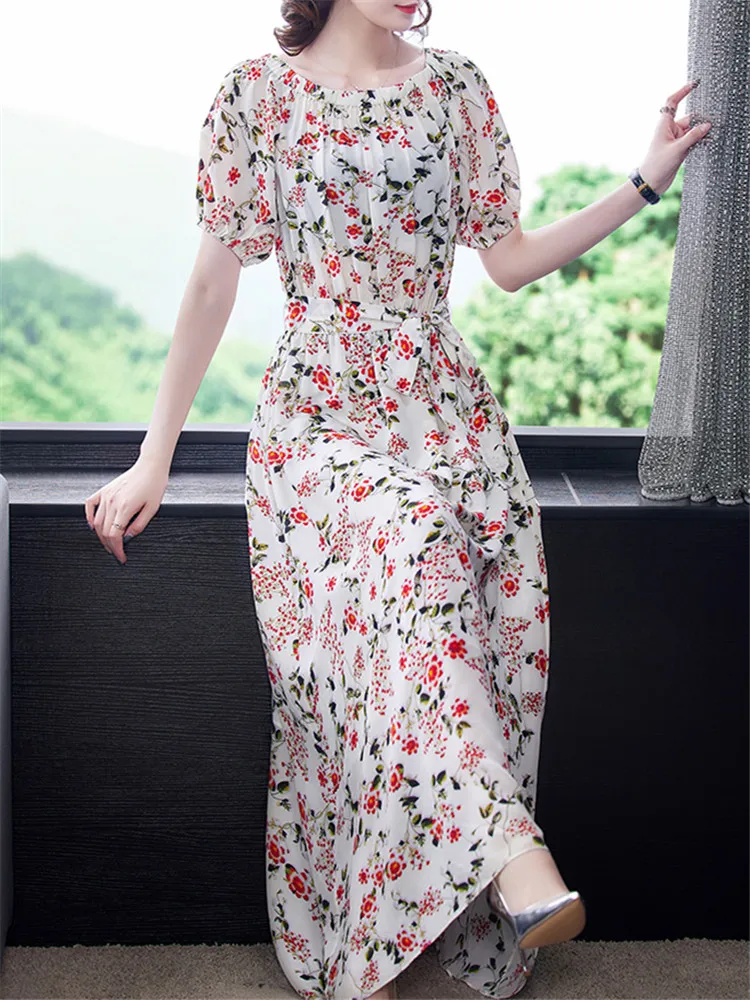 

Chikichi Spring and Autumn New Silk Flower Beach Mid-length Women's Party Round Neck Short Sleeve Loose Vestido Feminino