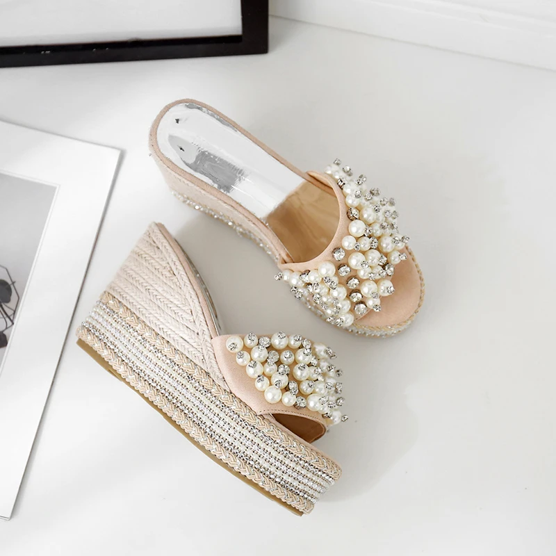 2020 летние женские босоножки на танкетке с кристаллами плетеные высоком каблуке 10