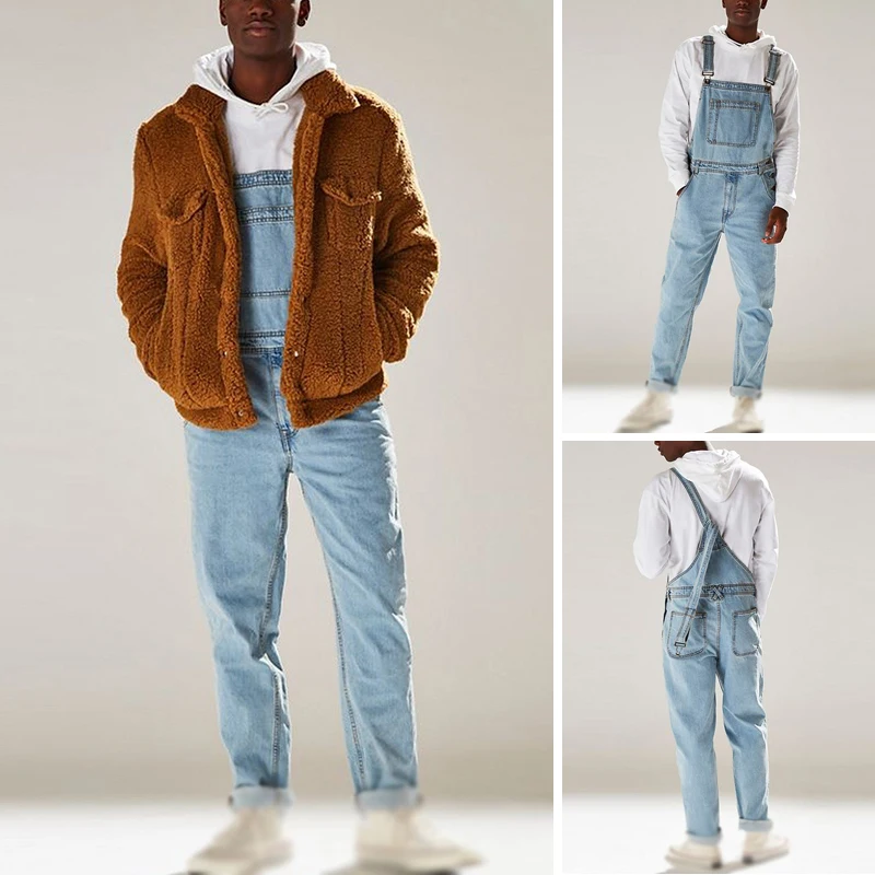 Винтажный Ретро Длинный комбинезон для мужчин Slim Fit Bib джинсовые карманы Модные