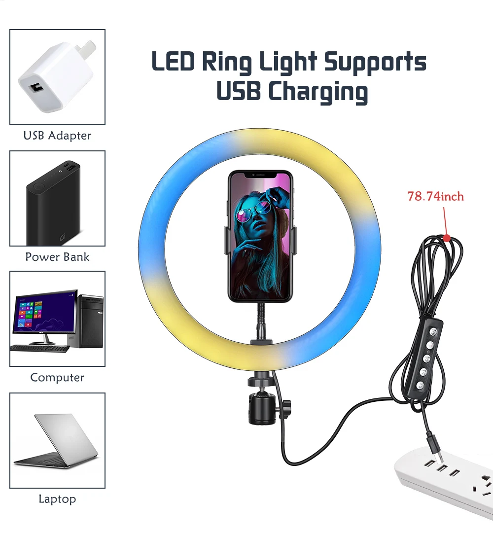 

SH 10inch/26cm Desktop RGB Ring Light With Tripod Stand Usb Charge Selfie Dimmable Video Lamp For Photo Photography Studio