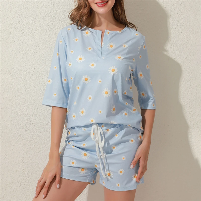 

Fashion Women Print Pajamas Set Short Sleeve Tracksuit Shorts Heigh Quality Sleepwear Set Two Piece Set Nightwear