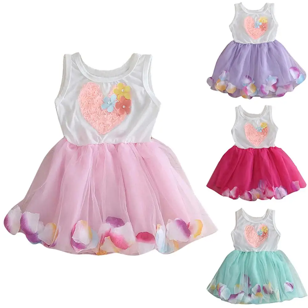 

Heart Printed Girls A-line Mesh Patchwork Kids Petal Hem Princess Dresses