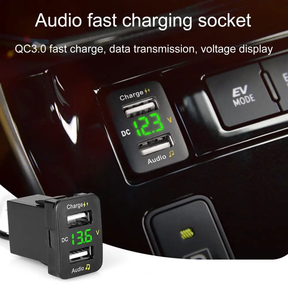 

QC3.0 18W Quick Charge Dual Port USB Car Charger with Audio Socket for Toyota Series Voltmeter USB Adapter Charging for Mobile