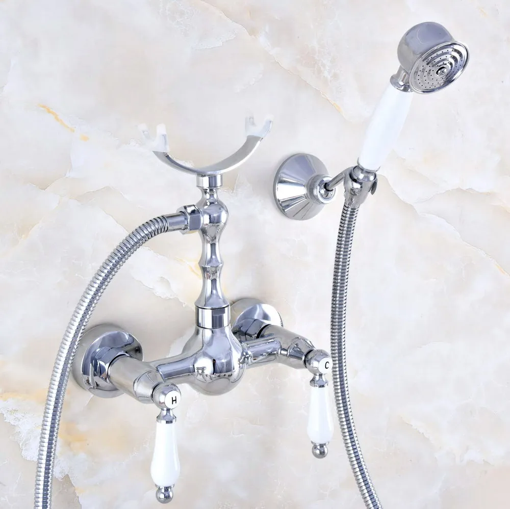 

Contemporary Polished Silver Chrome Brass Wall Mounted Bathtub Faucet with Handheld Shower Set +150CM Hose Mixer Tap 2na734