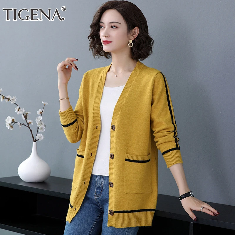 Женский Длинный свитер TIGENA вязаный кардиган в полоску с карманами и пуговицами