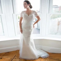 cheap plus size mermaid wedding dress illusion short sleeves sequined applique pleats sweep train robe de mariee wedding gown