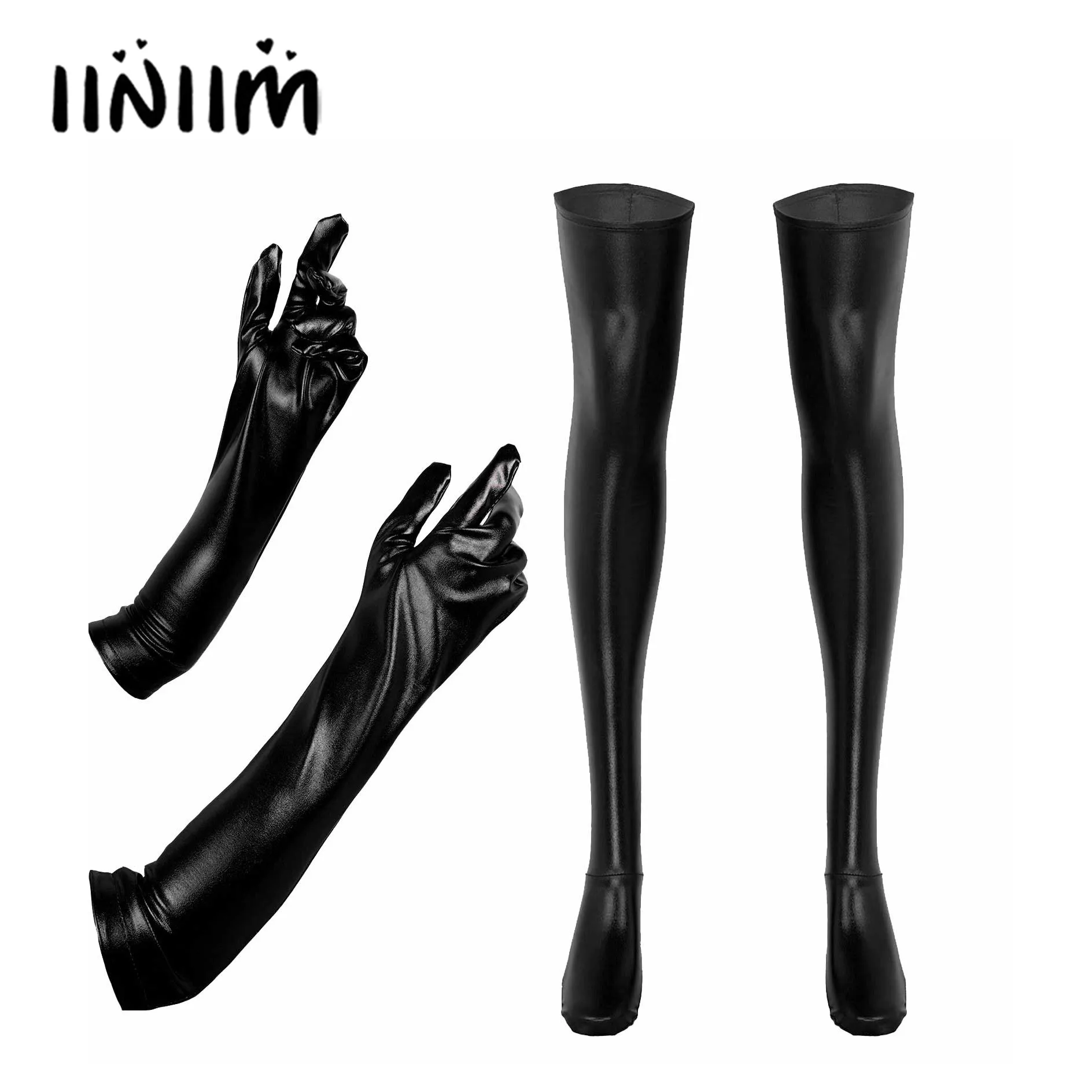 

1 Pair Womens Shiny Metallic Wet Look Patent Leather Long Gloves with Stockings Night Club Dancing Cosplay Costumes Accessories