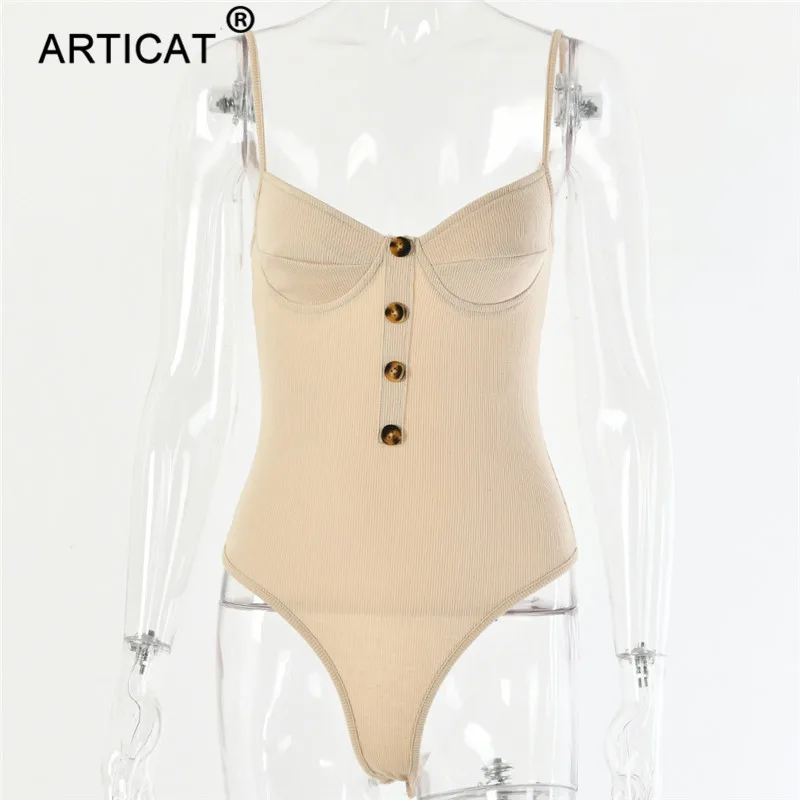 Хаки Articat Knitted Spaghetti Strap Sexy Bodysuit Women Tops Backless Buttons Bodycon Rompers Women Jumpsuit Basic Party Overalls - Цвет: Хаки