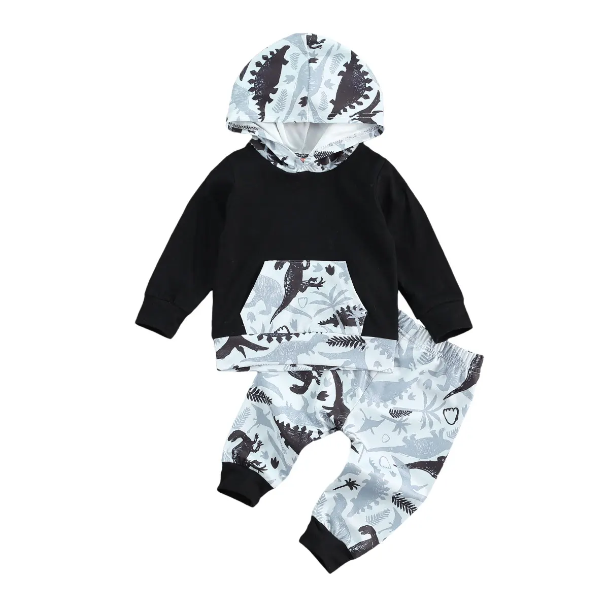 

Комплект с капюшоном и круглым воротником для малышей, костюм с длинными рукавами и штанами однотонный топ, брюки с принтом, комплект для де...