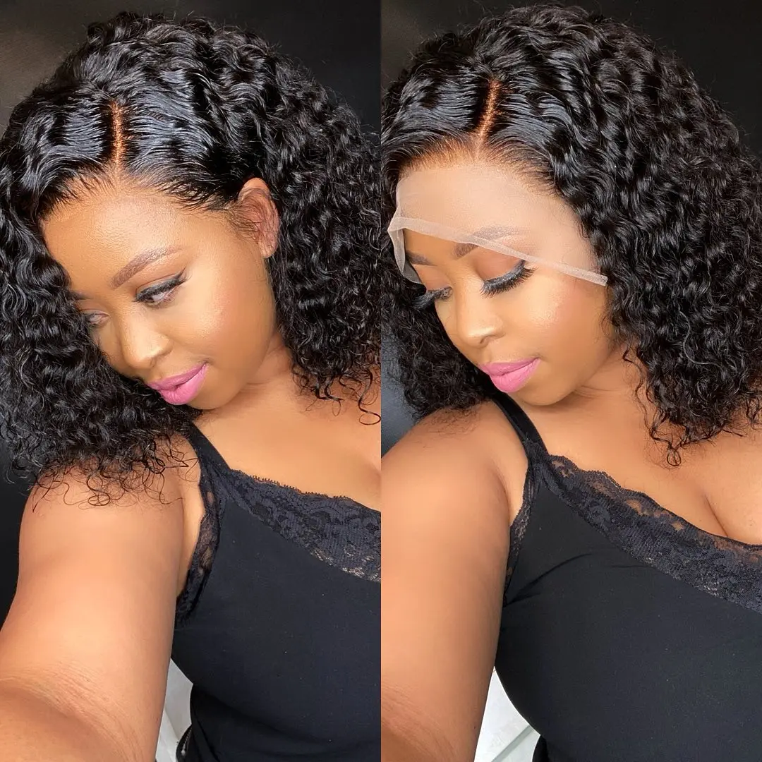Deep Curly Lace Front Human Hair Wigs 13x6 Frontal Brazilian Wave Short Bob Wig180 Density Remy | Шиньоны и парики