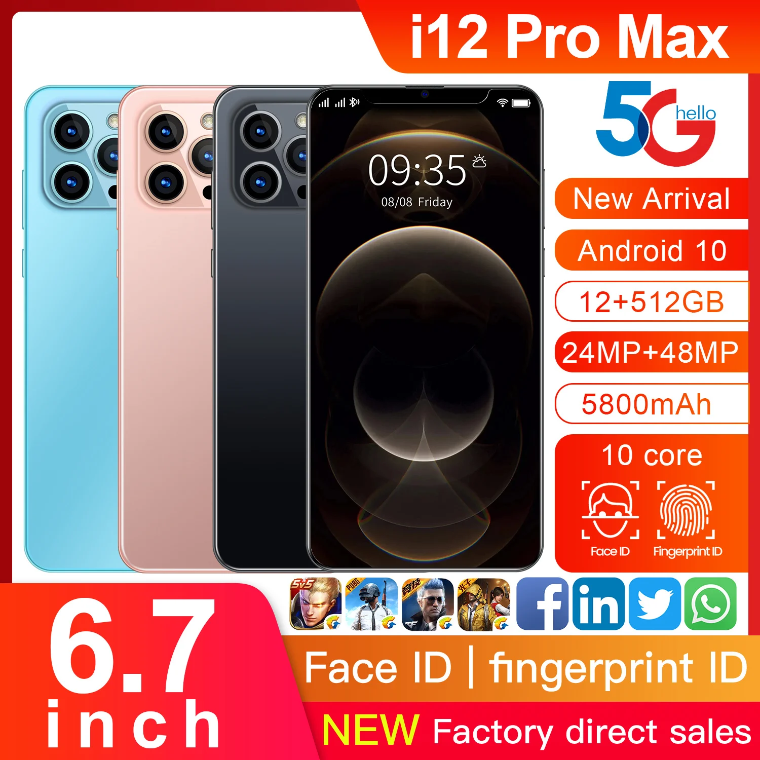 Смартфон Global i12Pro Max 5G 6 7 дюйма 12 Гб + 512 ГБ 5800 мач поддержка распознавания лица две SIM